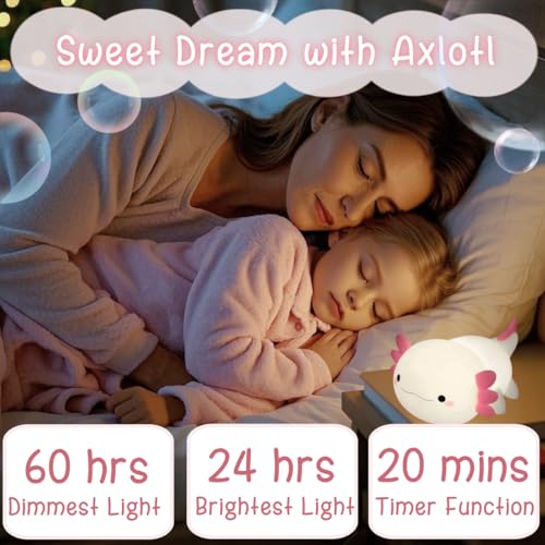 axolotl night light for kids cute squishy rechargeable axolotls lamp unique white pink xmas axolotl gifts dimmable led silicone nightlight baby safe girls room college dorm dcor