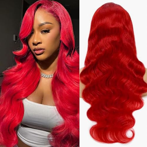 Image of Red Lace Front Wigs Human Hair 13x4 HD Transparent Body Wave Human Hair Lace Front Wigs 180 Density Pre Plucked Red Colored Glueless Wigs Human Hair for Women with Baby Hair 24 Inch