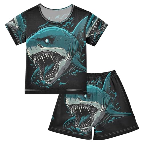 ALAZA Dark Blue Shark Pajamas Set Short Sleeve Cotton Sleepwear Summer Pjs 2 Piece 5-14Y
