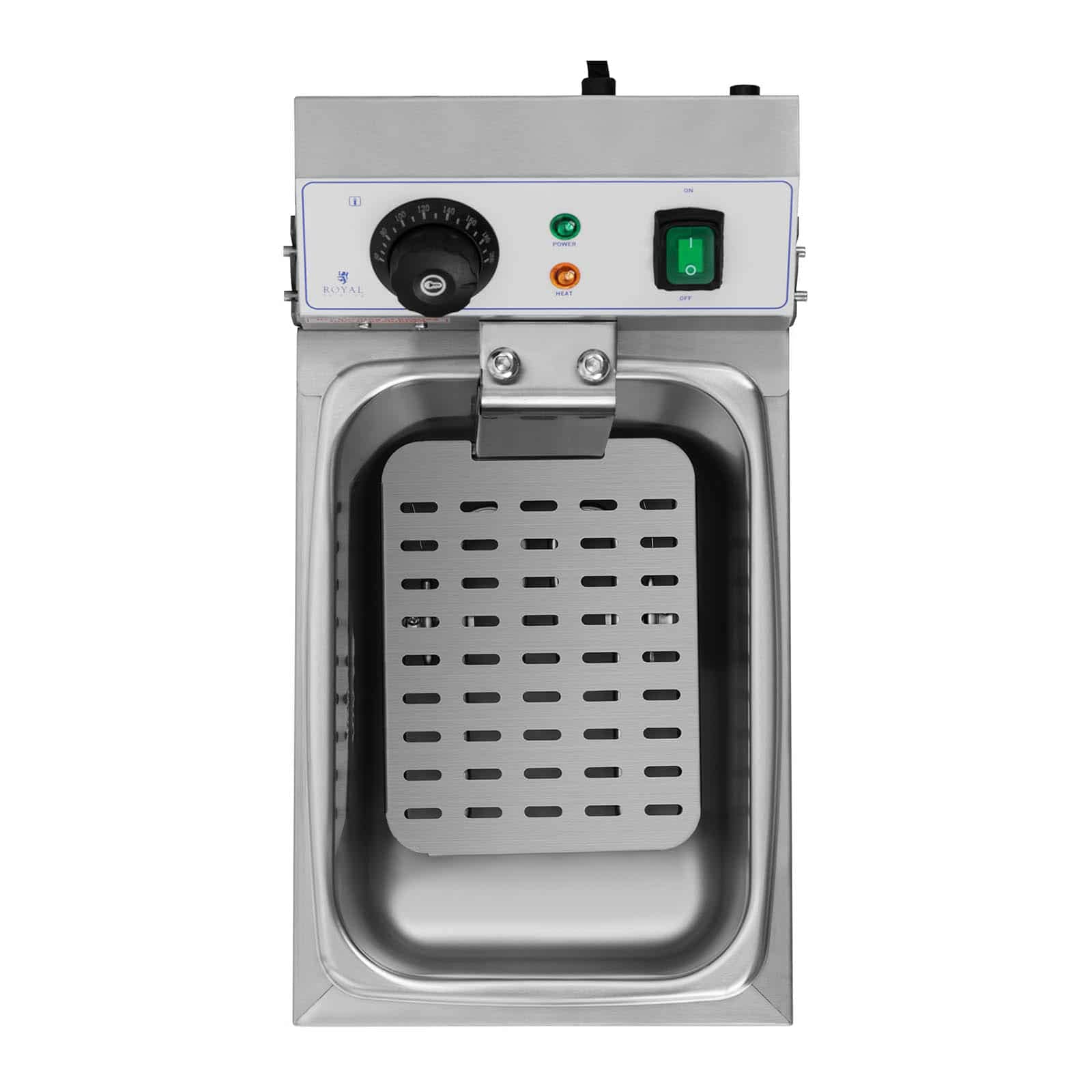 Royal Catering Freidora Electrica Profesional Para Hostelería RCEF 08EB (8 Litros, Potencia 3.200 Watt, Temperatura: 50 – 200 °C, Zona Fría, Tapa Incluida), Acero inoxidable Metálico