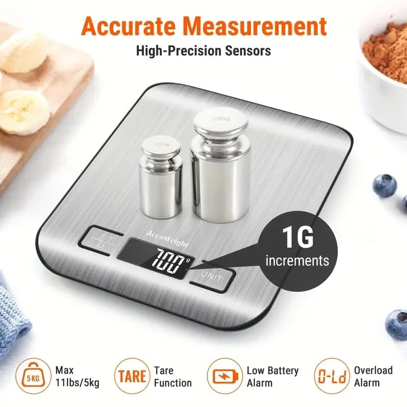 Miniatura 5 de Báscula digital para alimentos, capacidad de 11 libras, 6 unidades, tara, pantalla LCD, acero inoxidable, precisión de 0.05 oz1 g, baterías incluidas