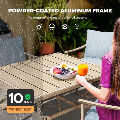 5-Piece HAPPATIO Outdoor Dining Set: Aluminum Table with Umbrella Hole & 4 Swivel Chairs for Lawn, Porch, Backyard (Brown)