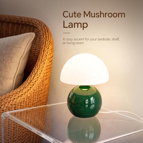 Image of Dawnwake Mushroom Lamp Table Lamp for Bedroom-Small Table Lamps,Dark Green | 8.7 inch Mid Century Modern Table Lamps for Living Room Bedroom Decor,Cute Ceramic Lamps for Mushroom Home Room Decor,Glass Shade