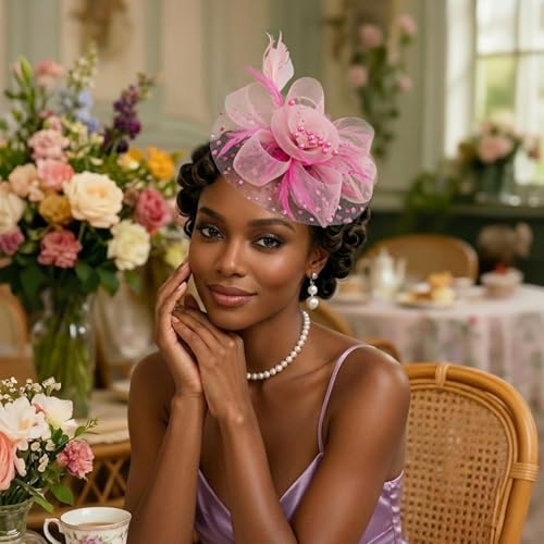 Image of DRESHOW Fascinators Hat Flower Mesh Ribbons Feathers on a Headband and a Clip Tea Party Headwear for Girls and Women