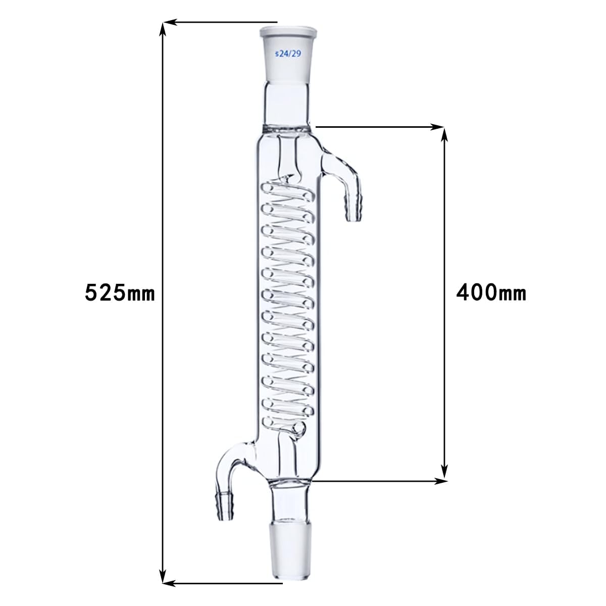 Serpentin-Kondensator aus Borosilikatglas mit 24/29-Gelenk, Chemielabor, Destillations- und Reflux-Gerät mit Glasschlauchanschlüssen, 300 mm