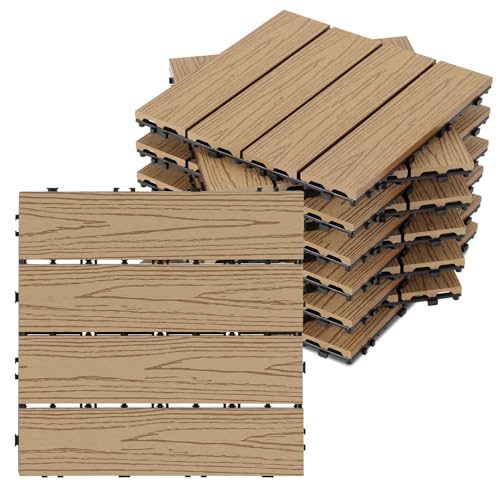 Peviasot WPC Terrassenfliesen Holzoptik, 30x30 cm WPC Fliesen 22 Stück=2m² Terrassendielen Balkonfliesen mit Klicksystem & Drainage, Wasserfest und Rutschfest, Teak