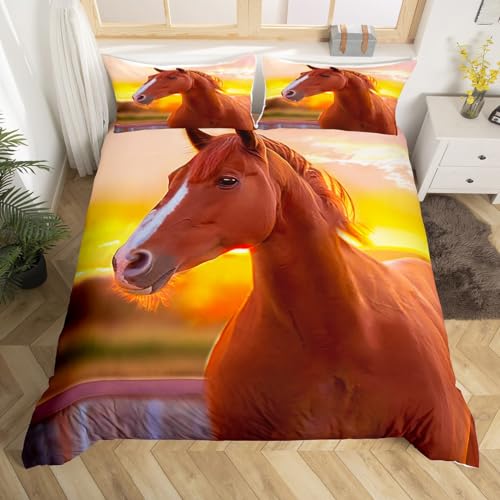 Homemissing Parure De Lit Imprimé Cheval 3 D Animaux Housse De Couette Garçon Fille Cheval Housse Couette 140 x 200 avec 1 Taie d'oreiller Enfants...
