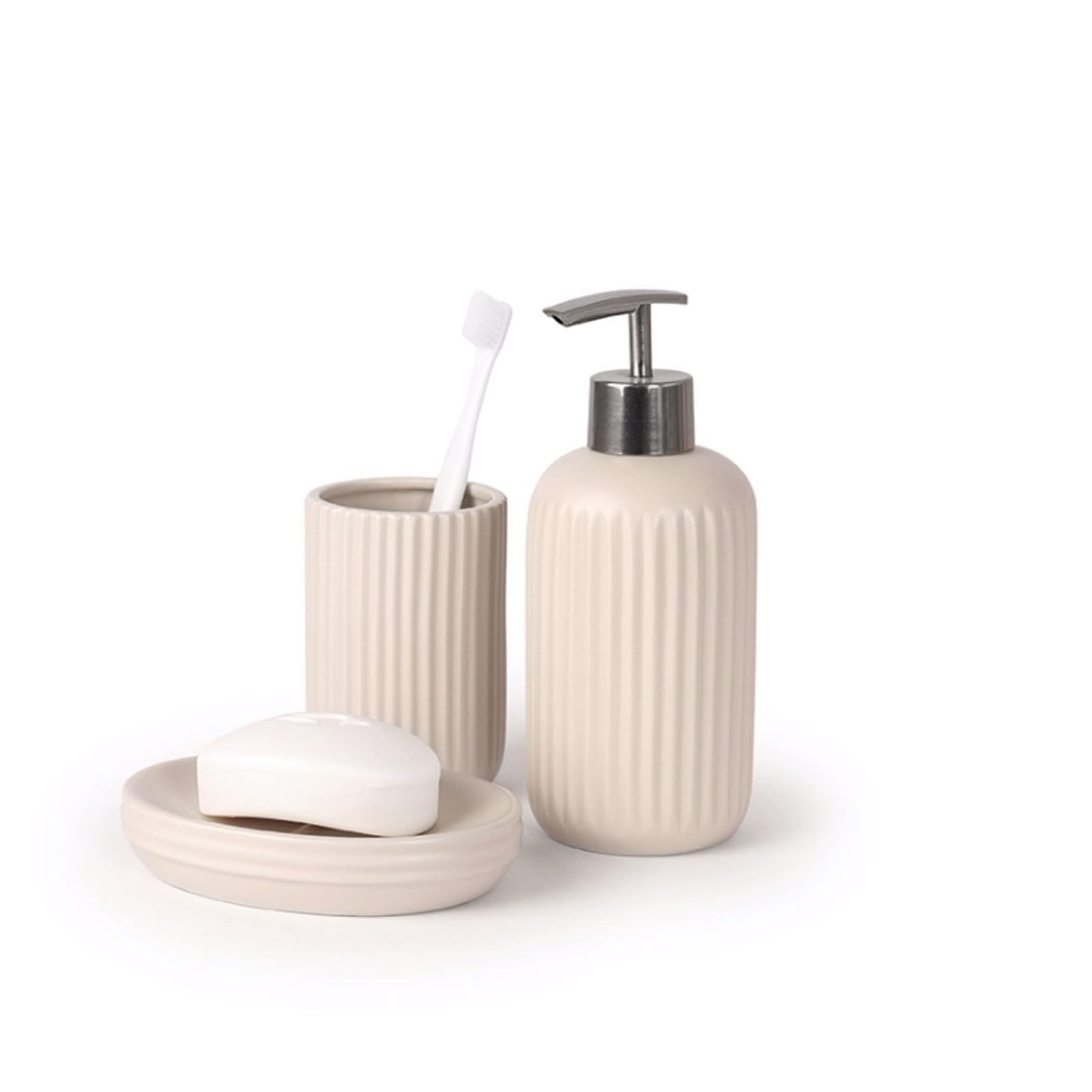Ceramiczny dozownik mydła 390 ml z pompką, pojemnik na blat do wielokrotnego napełniania, zaokrąglone gładkie krawędzie do zlewu łazienkowego (beżowy)
