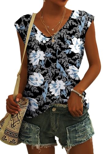 GeGekoko Damen T-Shirt Kurzarm V-Ausschnitt Flügelärmeln Oberteile Blusen Sommer Casual Lose Tank Top Basic Mädchen Tops