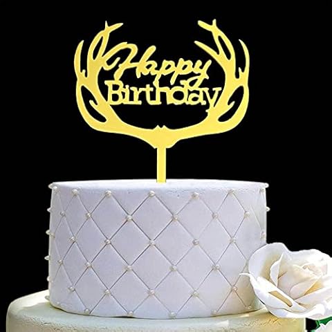 JIEEIN Antlers Happy Birthday Cake Topper Party Decorations, Antlers cake topper, Mirror Gold Acrylic Cover