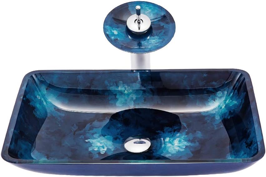 Blue Rectangle Tempered Glass Bathroom Vessel Sink Counter Top Installation Modern Artistic Vanity Sinks Glass Vessel Sink with Pop up Drain,Singlesink