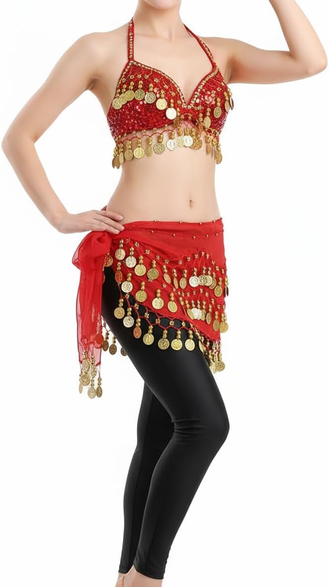 Belly Dance Hip Scarf, Georgette Belly Dancing Outfit Skirt Wrap Professional Hip Scarf with 100-Gold Coins - Image 2