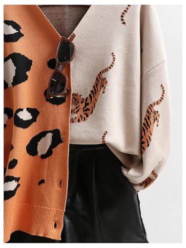 Image of WDIRARA Women's Leopard Tiger Print Cardigan V Neck Long Sleeve Color Block Button Down Sweater Outwear
