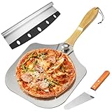 Mokaskaidj 3 Pcs Pala per Pizza Professionale, Taglia Pizza Acciaio Premium, Pala Per Pizza Corta con Manico Pieghevole in Legno, Tagliapizza Inox, Salvaspazio Comoda Riporre, Realizzata in Allumino