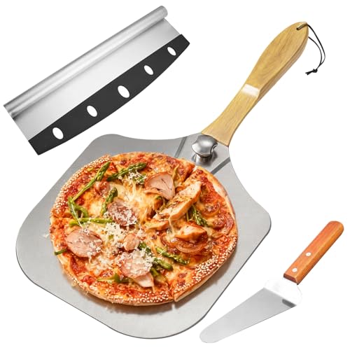 Mokaskaidj 3 Pcs Pala Pizza, Cortador Pizza Profesional de Acero Inoxidable, Pala Plegable de Aluminio Con Mango Madera, Cortapizzas con Mango Anti Deslizante para Barbacoa Cocinar Pizzza, Pan