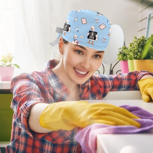 Image of 2 PCS Bouffant Cap with Button Ponytail Pouch Working Cap Sweatband Adjustable Surgical Cap Black and White Cow