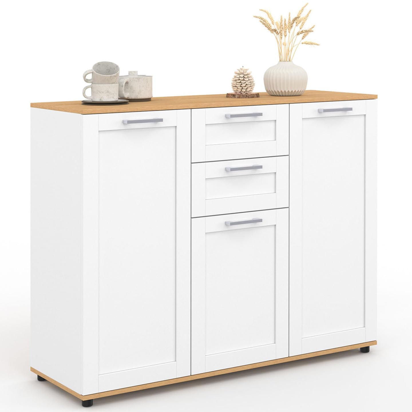 IDMarket VITO - Aparador de 100 cm, 3 puertas y 2 cajones, color blanco y bandeja madera