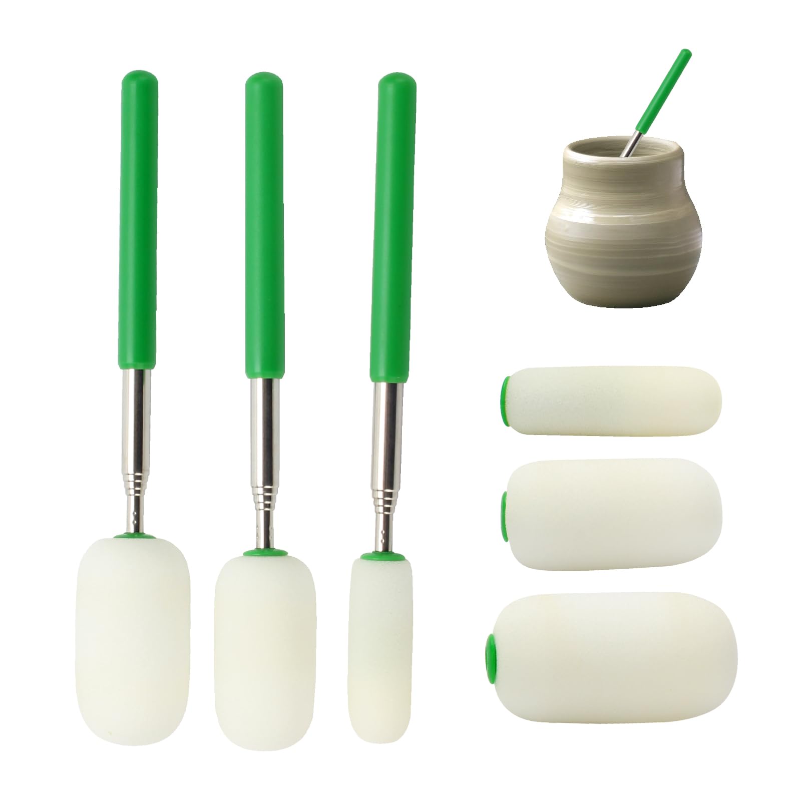 KVMORZE Telescoping Pottery Sponge Ceramic Shaping Tools, Telescoping Sponge Stick with Replacement Head for Cleanup and Removing Excess Water from Tall or Narrow Pottery, Extends to 27'', 6 Pack