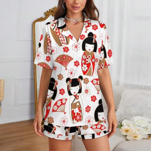 Image of Pajama Sets for Womens Japanese Cute Geisha Summer Short Sleeve Shirts And Pants Set