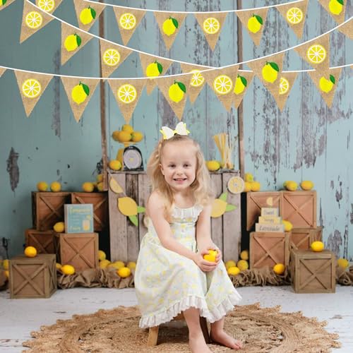 Image of 24Ft Lemon Burlap Banner Lemon Burlap Pennant Triangle Flag Garland Streamers Vintage Fireplace Wall Decor for Summer Lemonade Party Happy Lemon Day Rustic Birthday Baby Bridal Shower Decorations