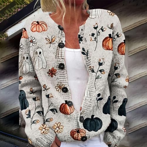 Halloween Cardigan for Women Pumpkin Face Print Shirt Spooky Season Lightweight Long Sleeve Plus Size Outwear Coat2