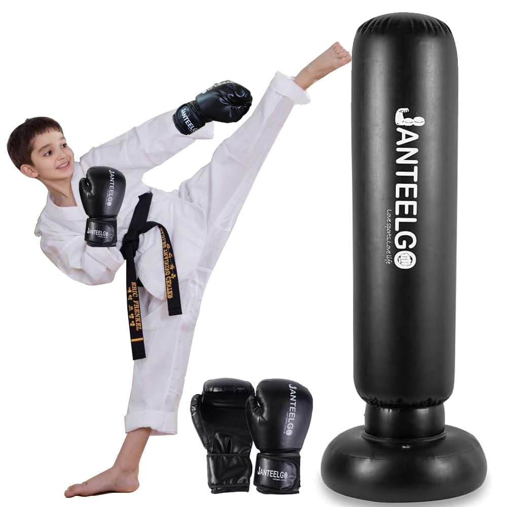 Sacco da Boxe da Terra Bambini con Guantoni da Boxe: JanTeelGO 150cm Sacco da Box Allenamento Boxe - Pungiball Bambin e Ragazze Età 3-12 per Praticare Karate, Taekwond