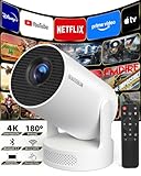 Beautiebeam Beamer Full HD 1080P Mini Beamer 4K, Auto Trapezkorrektur, Mini Projector 180°Dreh Videoprojektor Unterstützt 2.4/5G Dual WiFi6, Bluetooth5.0 mit Android11/OS11,Outdoor Heimkino