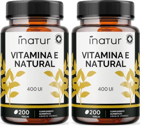 Vitamina E Capsulas Natural 400 UI (D-Alpha Tocoferol) – 200 perlas | Inatur | Dosis 6 meses | Antioxidante, Antiedad y Salud Cardiovascular | Sin Aditivos | Sin Lactosa | Sin Gluten. (Paquete de 2)