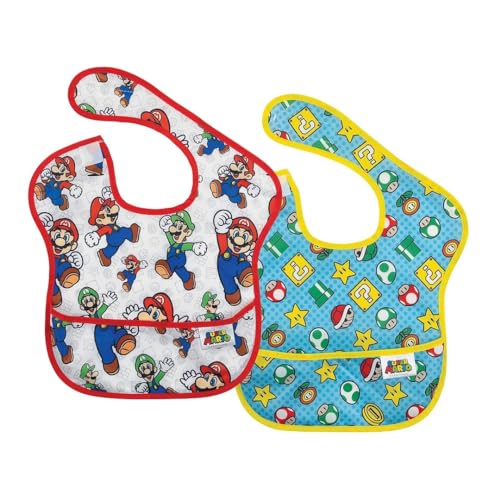 Image of Bumkins Nintendo Bibs for Girl or Boy, SuperBib Baby and Toddler for 6-24 Months, Essential Must Have for Eating, Feeding, Baby Led Weaning, Mess Saving Waterproof Soft Fabric, 2-pk Super Mario
