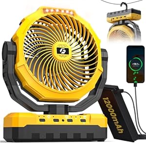 3-in-1 Portable Camping Fan – 9 inch 12000mAh Detachable Battery Rechargeable Fan with LED & Remote – 4 Speeds Battery Powered Outdoor Fan for Tent,Travel, Office, Jobsite