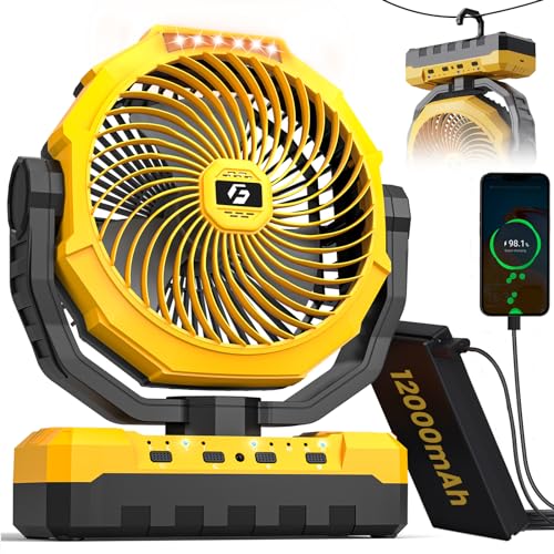 3-in-1 Portable Camping Fan – 9 inch 12000mAh Detachable Battery Rechargeable Fan with LED & Remote – 4 Speeds Battery Powered Outdoor Fan for Tent,Travel, Office, Jobsite