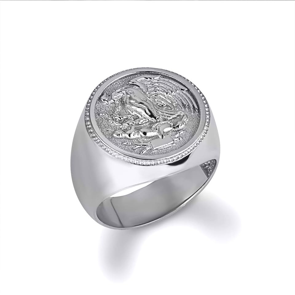 Claddagh Gold .925 Sterling Silver Mexican Eagle Emblem Coat Of Arms Men's Signet Ring