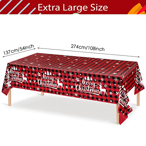 Irenare 3 Pcs Christmas Tablecloth Red and Black Buffalo Plaid Table Cover Merry Christmas Plastic Disposable Snowflake Elk Gingham Table Cloth for Xmas Winter Holiday Party Supplies,54 x 108 Inch – Image 3