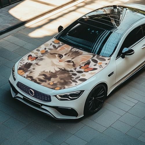 Image of Cat Car Hood Protector, Cute Watercolor Kitten Butterfly Can be Washed, Countryside Flower Field Automotive Exterior Accessories Car Hood Decoration and Protection(3X5FT)