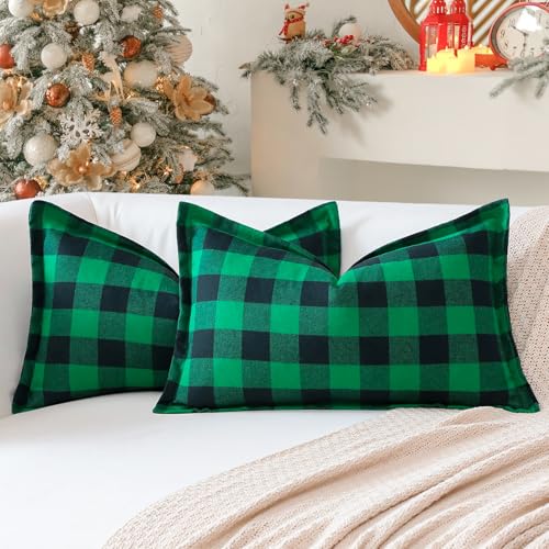 Image of Sungeek Set of 2 Christmas Tartan Cushion Covers 30 x 50 Linen Decorative Buffalo Check Plaid Lumbar Pillow Covers with Stitched Edge for Sofa Couch Bed Living Room 12x20 Inch (Green and Blue)