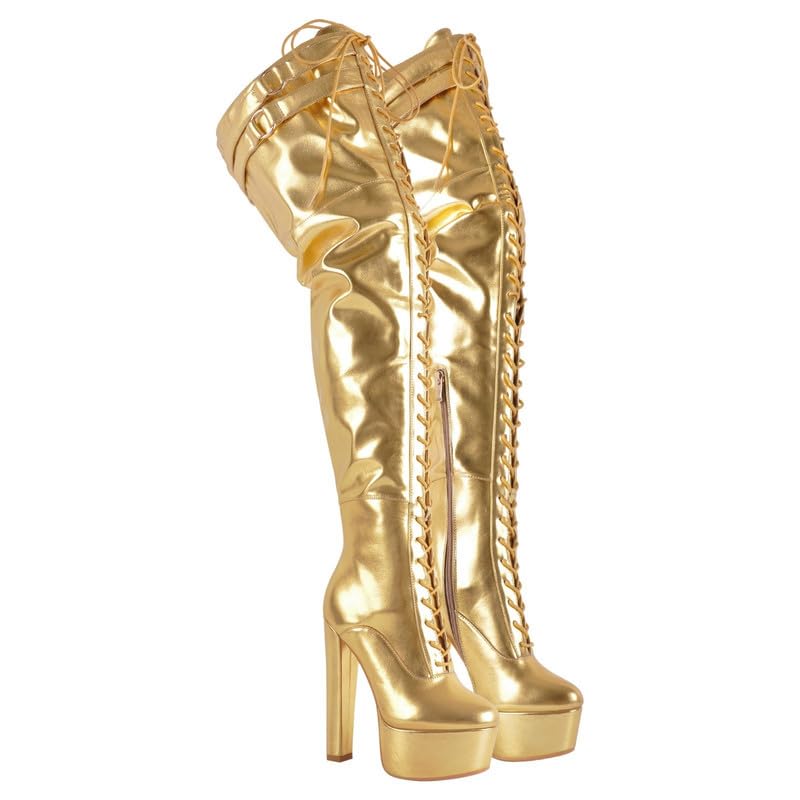 Richealnana Women's Over The Knee High Platform Thigh High Boots Lace-Up Chunky Heels Fashion4