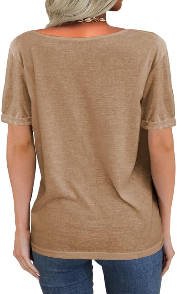 Danedvi Women Fashion Deep V-Neck Short Sleeve Tops Solid Casual Loose Basic T Shirt - Image 2