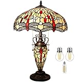 Stained Glass Lamp 3 Light Pull Chain 24 Inch Tall Tiffany Style Dragonfly Table Lamps Beside Desk End Table Lamp Antique Base for Living Room Coffee Table Bedroom S036 WERFACTORY