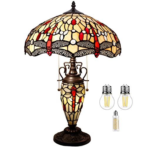WERFACTORY Tiffany Lamp Amber Stained Glass Dragonfly Mather-Daughter Vase Table Lamp 16X16X24 Inch Antique Desk Reading Light Decor Bedroom Living Room Home Office S557 Series