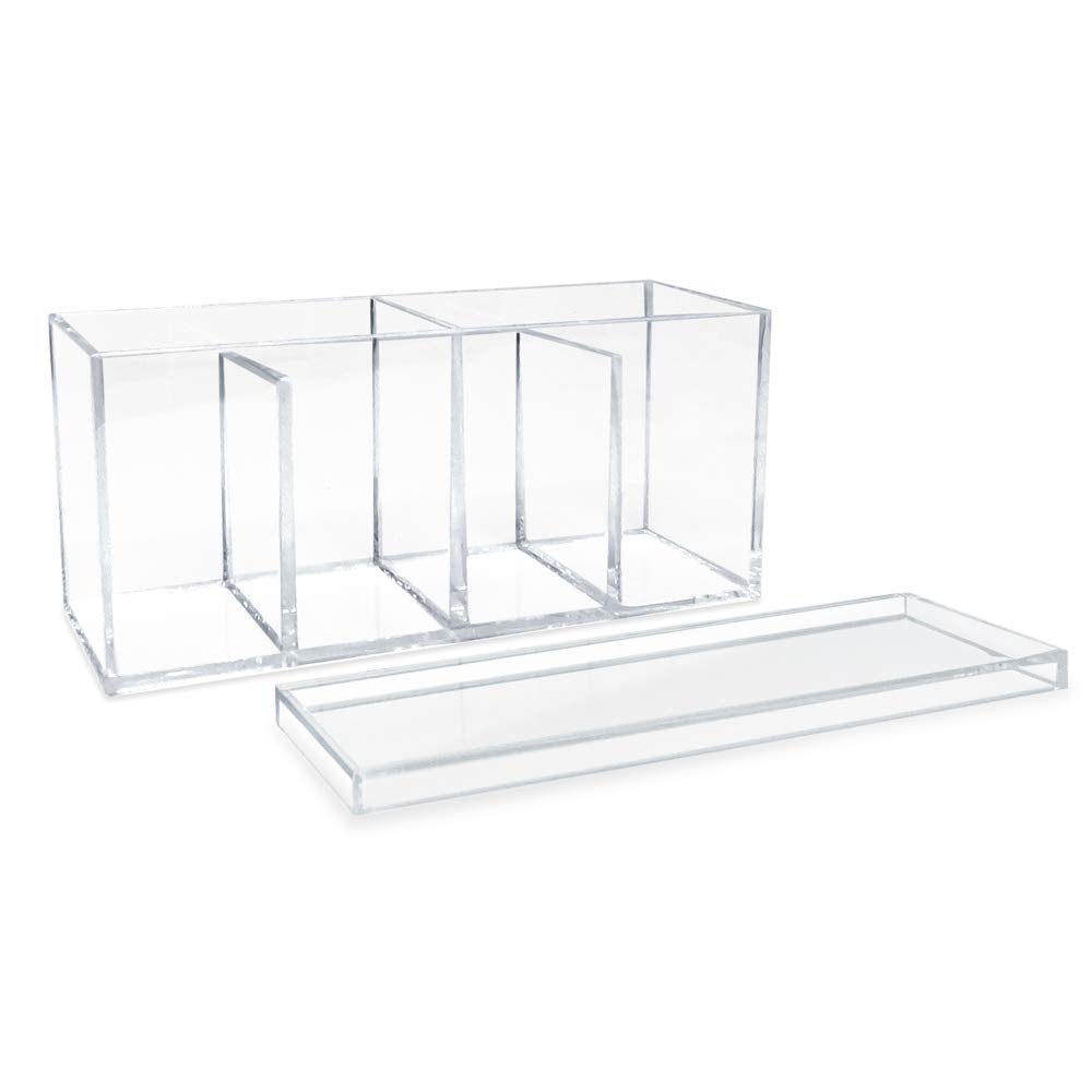 Isaac Jacobs Organizador acrílico transparente de 4 compartimentos con tapa (9 pulgadas de largo x 3 pulgadas de ancho x 4 pulgadas de alto), soporte para brochas de maquillaje, bandeja seccional,