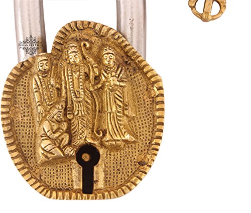 Image of Indian Art Villa Handmade Old Vintage Style Antique Ram Darbar Design Brass Security Lock with 2 Keys Om Design on Back|Home Temple Office