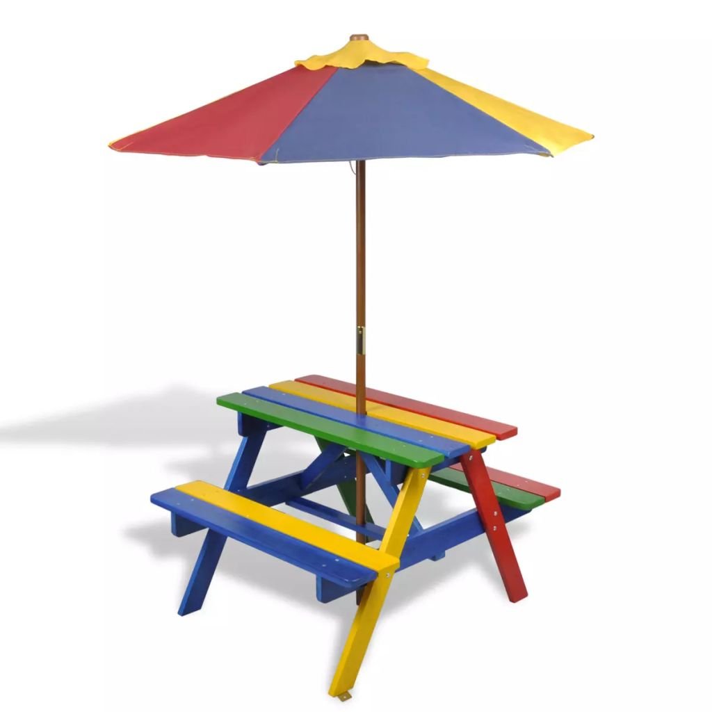 Rantry Tisch und Bänke für Kinder mit Sonnendach aus Holz, mehrfarbig, Gartenbank, Balkonbank, strapazierfähige Bank für Balkon, Terrasse & Garten, Dekoration für Möbel und Zimmer