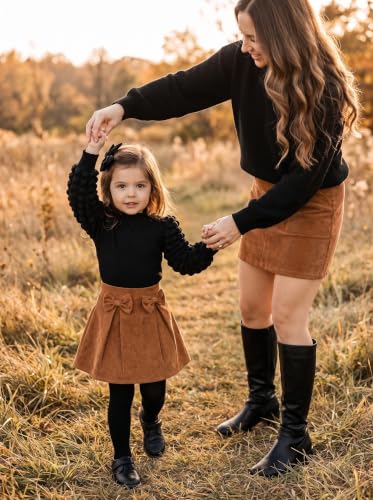 Image of Noubeau Toddler Girls Plaid Outfits Girls Puff Sleeve Knit Ribbed Shirt Tops Plaid Skirt Set Kids Fall Winter Clothes