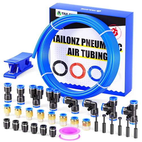 Image of TAILONZ PNEUMATIC Blue 12MM Inch OD 10 Meter 32.8ft PU Polyurethane Air Tubing Kit Pipe Hose Air Line Tubing Air Hose Fittings Push to Connect Fittings(31PCS)