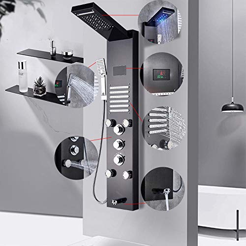 Columna de ducha con panel de lluvia, cascada y LED, mezclador termostático, torre de grifería para baño con ducha de mano — Negro miniatura 4