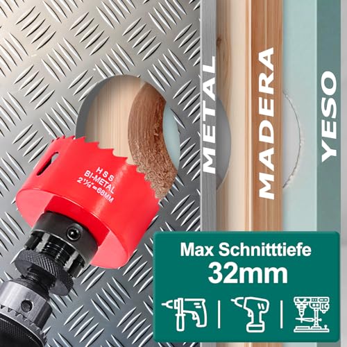 HYCHIKA Bi-Metal Hole Saw, 2PCS Hole Saw Set 68mm 40mm, Cutting Depth: 32mm, Perfect for Drilling Soft Metal, Wood, PVC Board and Plastic 2 HYCHIKA Bi-Metal Hole Saw, 2PCS Hole Saw Set 68mm 40mm, Cutting Depth: 32mm, Perfect for Drilling Soft Metal, Wood, PVC Board and Plastic - Image 2