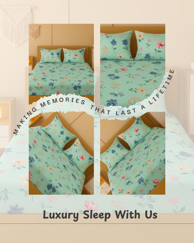 Image of NEW LEAF 320 TC Cotton All Around Elastic Fitted Printed Bedsheets King Size, Premium Fitted Bedsheets King Size for Double Bed with 2 Pillow Covers, Size- 78 inch x 72 inch Light Green