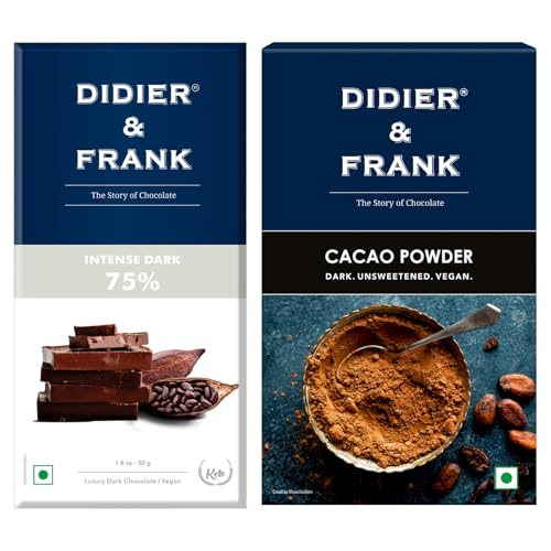 Image of Didier & Frank Intense 75% Dark Chocolate, 40g, Cacao Powder, Unsweetened, Special Dark, 80g (Use for Cake, Baking, Hot Chocolate, Milkshake)