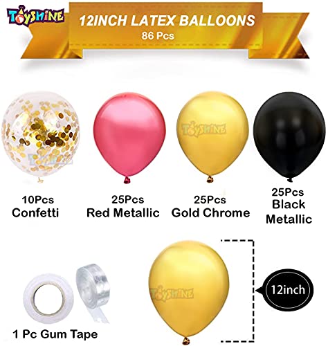 Image of Toyshine 86 Pcs Balloon Party Decoration Combo | 25 Black Metallic, 25 Gold Chrome, 25 Red Metallic, 10 Confetti Balloons, 1 Tape for Birthday Anniversary Theme Party