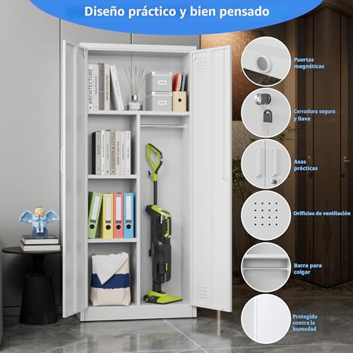 Miniatura 5 de Supeer Armario Escobero, Con Ventilación Y Cierre Magnético, Multifuncional, Armario De Acero Resistente Para Aspirador, Productos De Limpieza, Ropa Y Accesorios Del Hogar, 70 X 30 X 165 Cm
